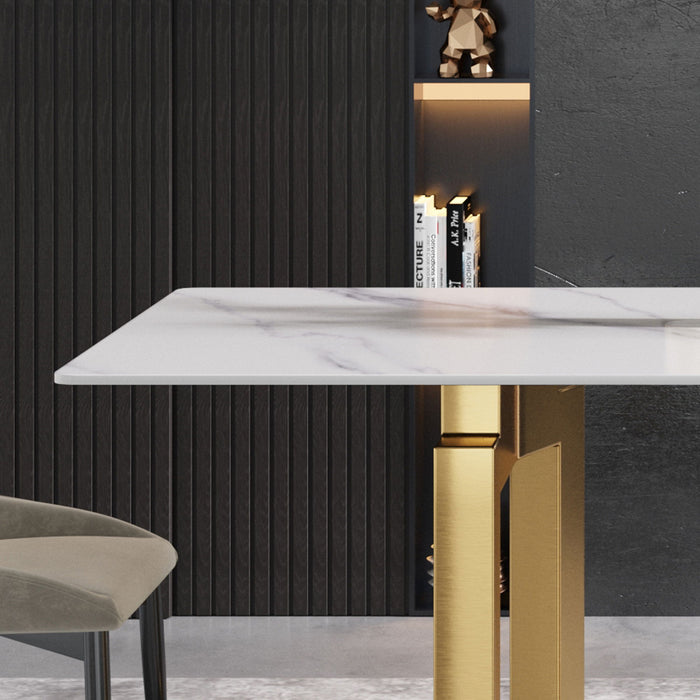 70.87" Modern Artificial Stone Straight Edge Golden Metal Leg Dining Table, Can Accommodate 6-8 People - White / Gold