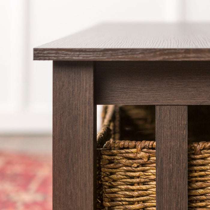 Coastal Coffee Table With Lower Shelf And Faux Rattan Baskets - Espresso