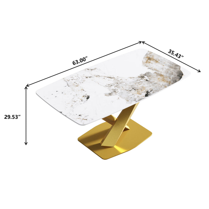 63" Modern Artificial Stone Pandora White Curved Golden Metal Leg Dining Table, 6 People - Antique White / Gold