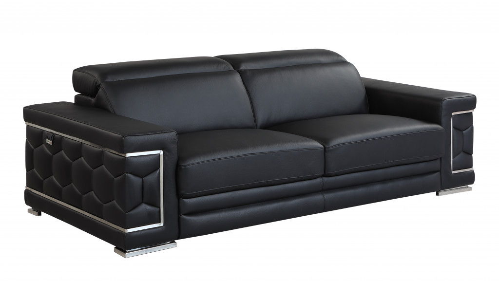 Sofa Italian Leather With Silver Legs - Black