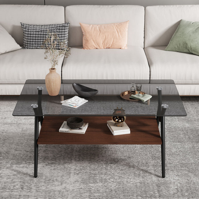 Rectangle Coffee Table With Tempered Glass Top And MDF Shelf, Modern Table For Living Room