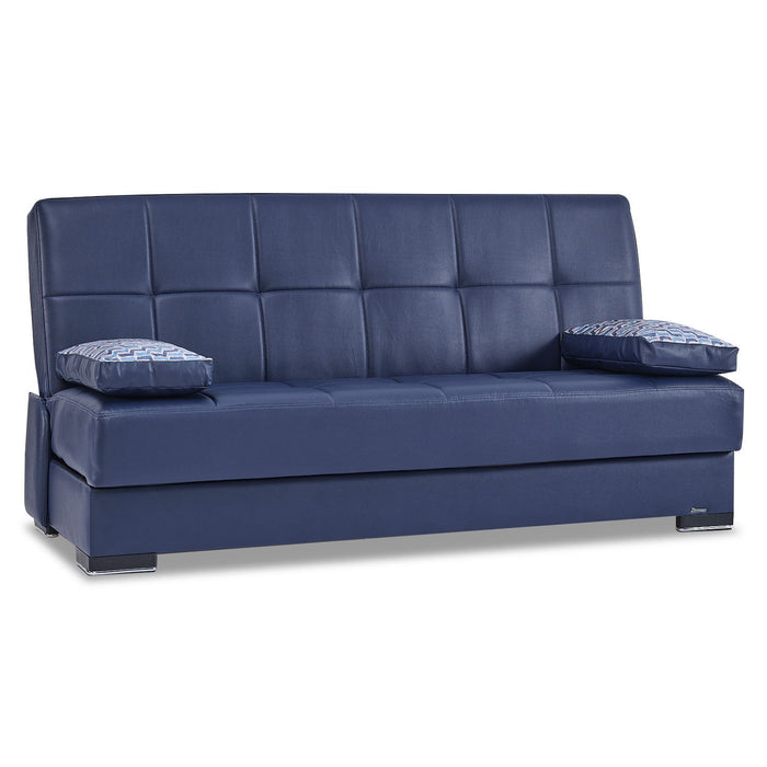 Faux Leather Convertible Futon Sleeper Sofa And Toss Pillows With Brown Legs - Blue