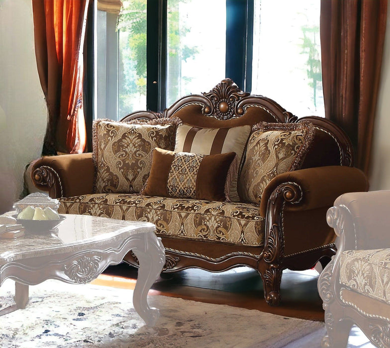 Loveseat And Toss Pillows - Brown Damask Chesterfield