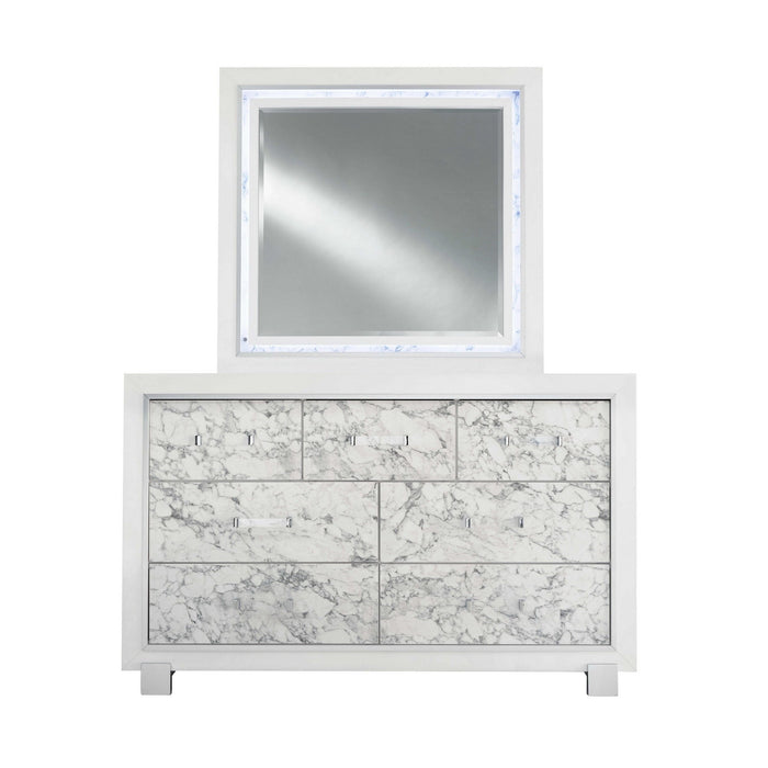 Modern Dresser With 7 Faux Marble Detailed Front Drawer. - White