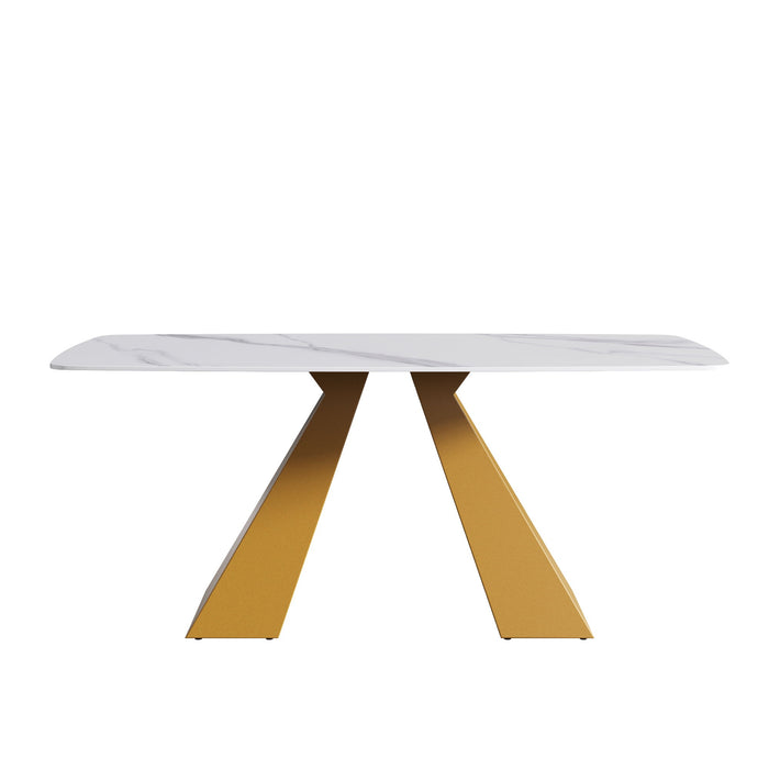 Modern Artificial Stone Curved Metal Leg Dining Table, Can Accommodate 6-8 People - White / Gold