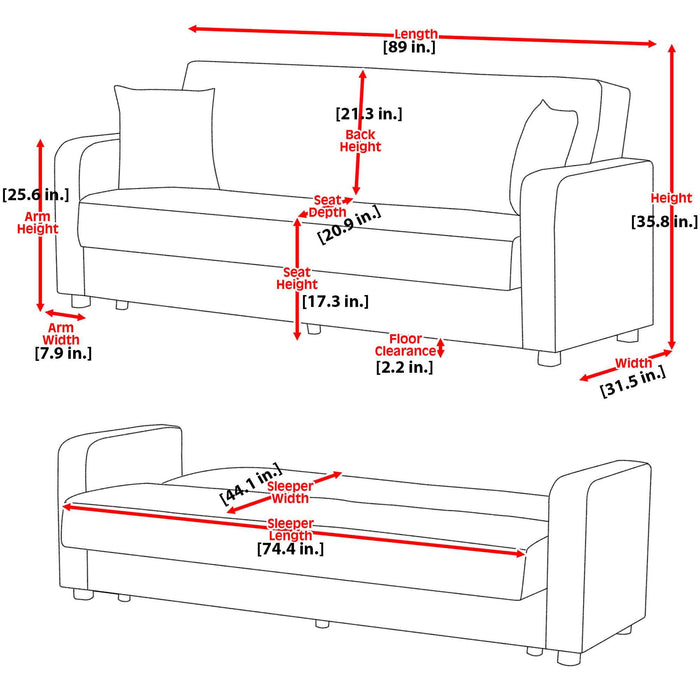 Microfiber Sleeper Sleeper Sofa And Toss Pillows With Silver Legs - Red