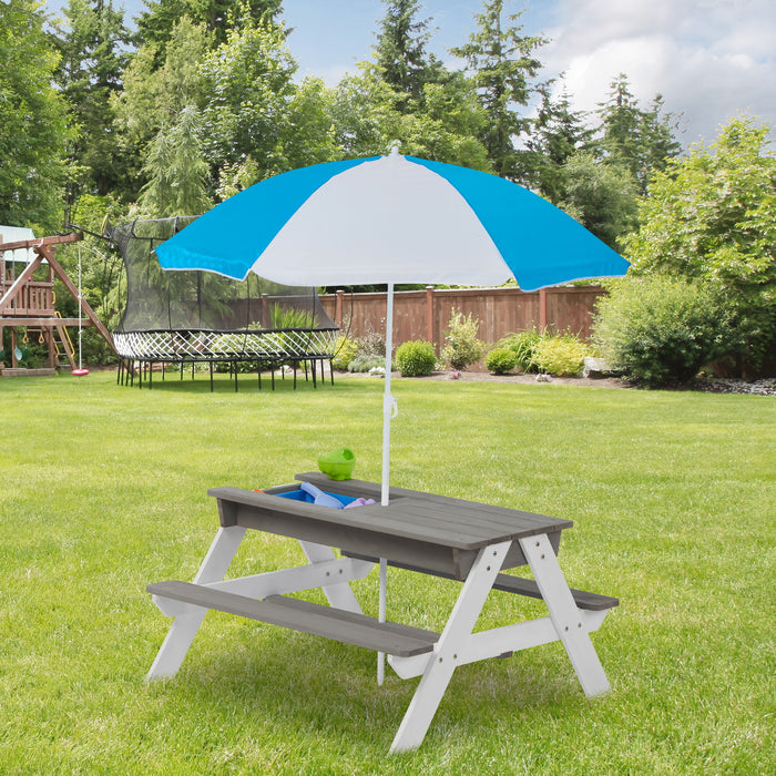 3-In-1 Kids Outdoor Wooden Picnic Table With Umbrella, Convertible Sand & Water, ASTM & CPSIA Certification