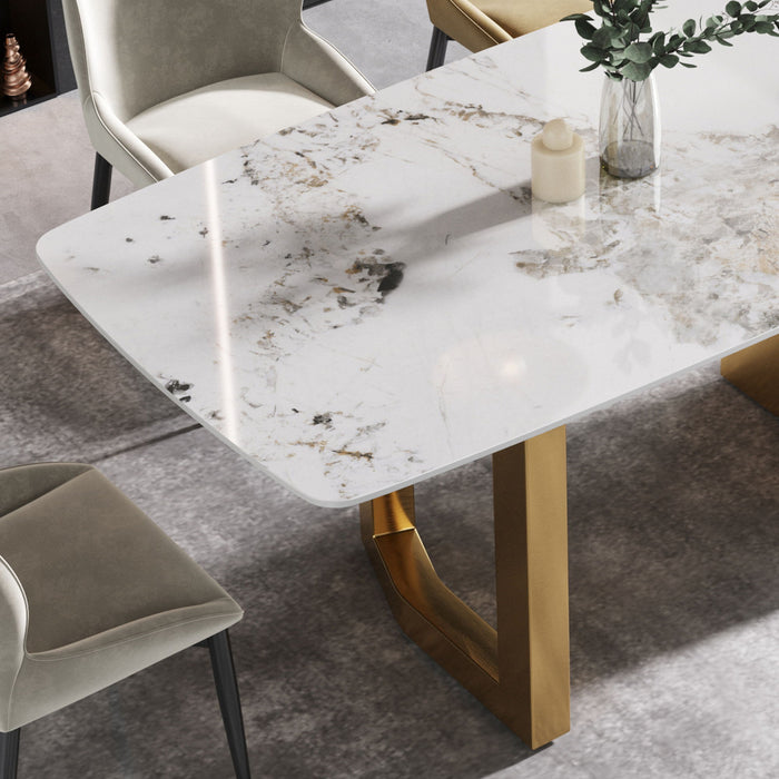 63" Artificial Stone Pandora White Curved Golden Metal Leg Dining Table, 6 People - Antique White / Gold