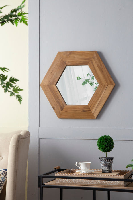 Hexagon Mirror With Natural Wood Frame, Wall Decor For Living Room Bathroom Hallway