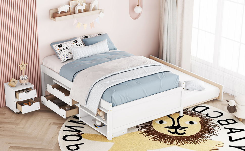 Versatile Full Bed With Trundle, Under Bed Storage Box And Nightstand - White