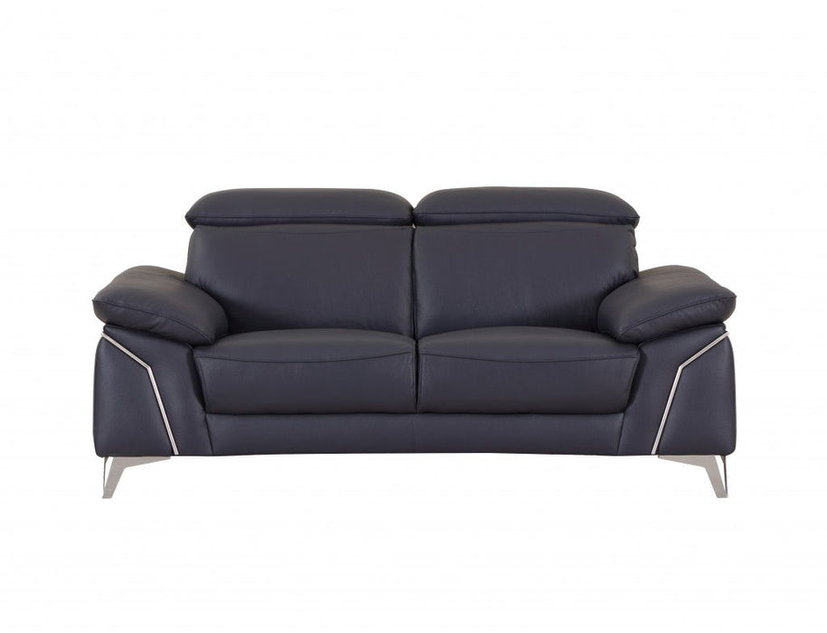 Genuine Leather Love Seat - Navy Blue / Silver