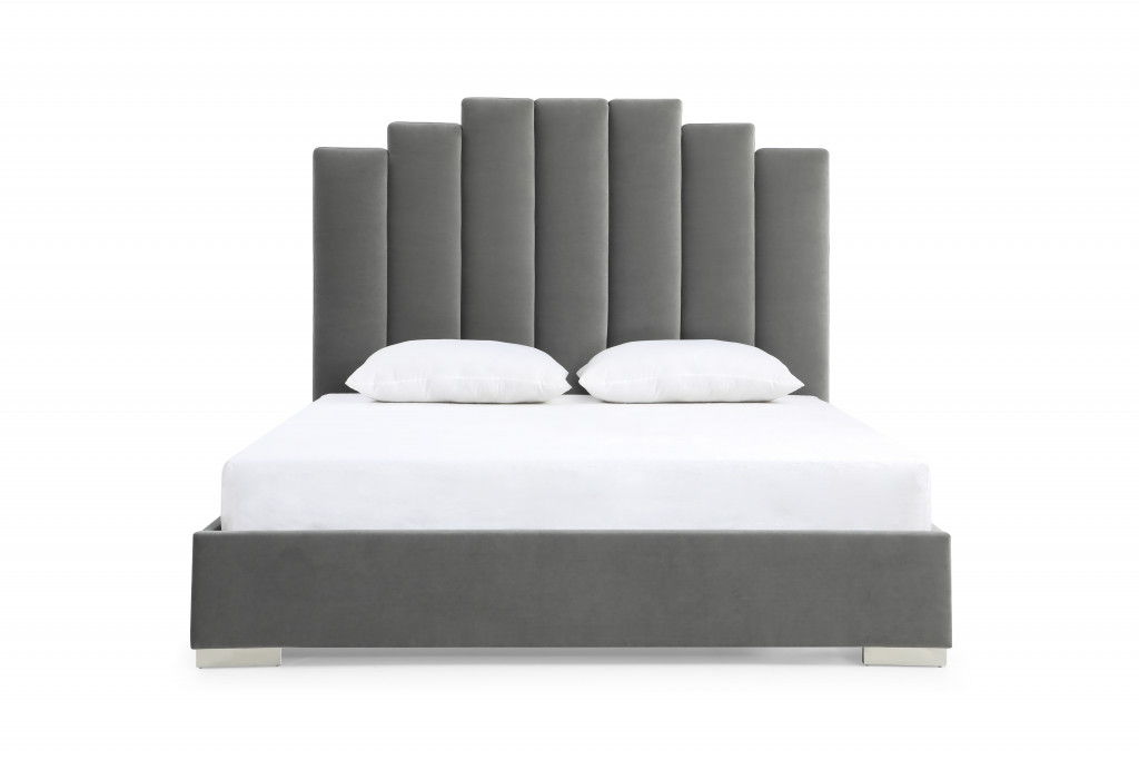 Queen Upholstered Vertical Channel Velvet Bed with USB - Gray