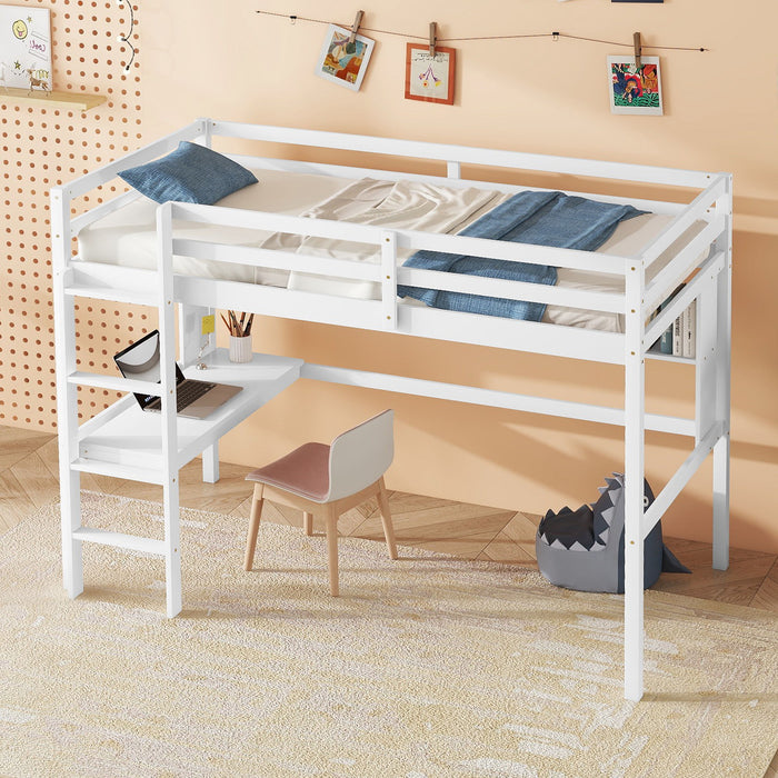 Loft Bed With Desk And Shelves, Safety Guardrail And Ladder