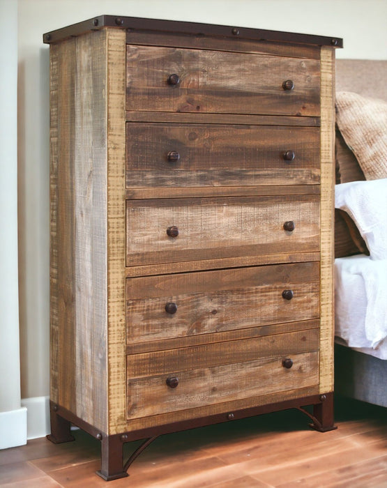 Solid Wood Five Drawer Chest - Brown