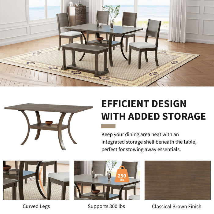 Topmax - 6 Piece Wood Dining Table Set With Storage Shelf And Curved Legs, Kitchen Table Set With Bench And 4 Removable Cushions Dining Chairs, Modern Style