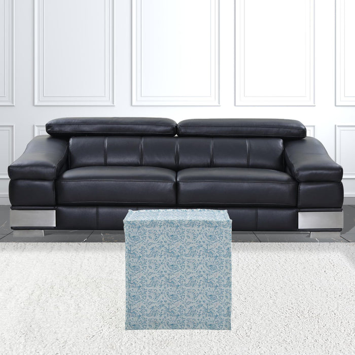 Linen Floral Ottoman - Blue