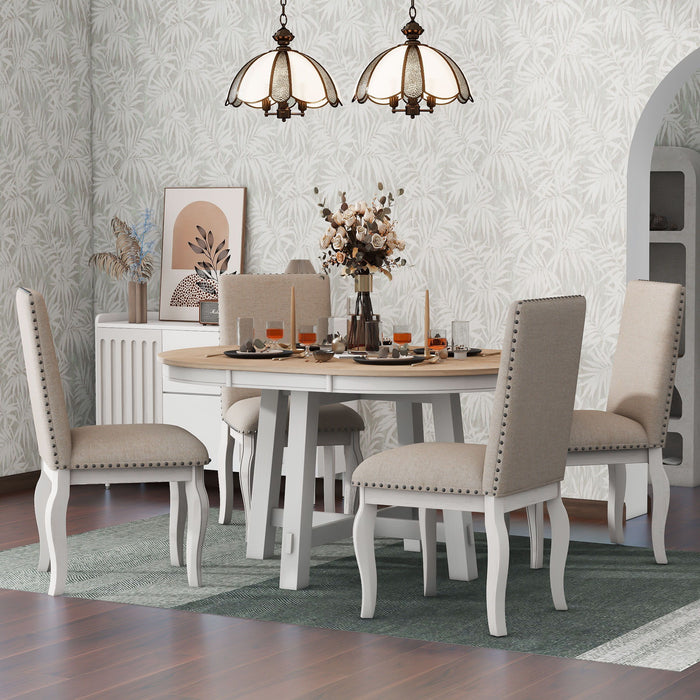 Farmhouse Dining Table Set Wood Round Extendable Dining Table And Upholstered Dining Chairs