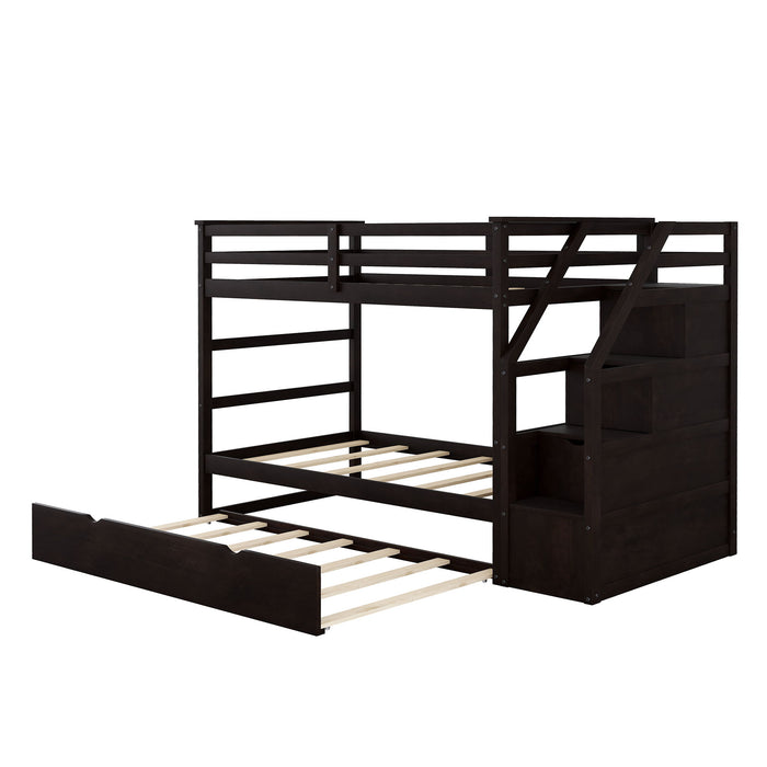 Twin Over Twin Bunk Bed With Twin Size Trundle And 3 Storage Stairs - Espresso