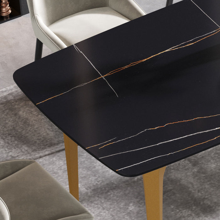 63" Modern Artificial Stone Black Curved Golden Metal Leg Dining Table, 6 People - Black / Gold