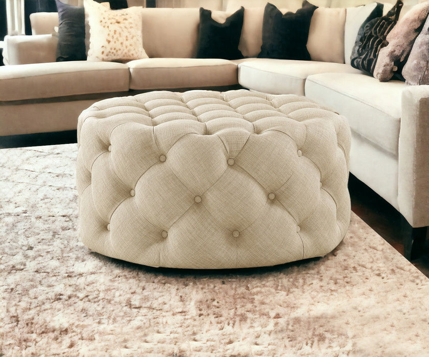 Linen Rolling Tufted Round Cocktail Ottoman - Beige