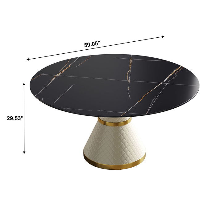 59.05" Modern Artificial Stone Round Carbon Steel Base Dining Table, Can Accommodate 6 People - Black / White