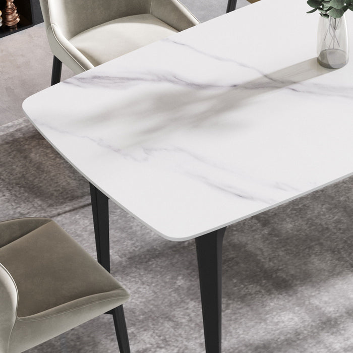 70.87" Modern Artificial Stone Curved Black Metal Leg Dining Table, Can Accommodate 6-8 People - White / Black