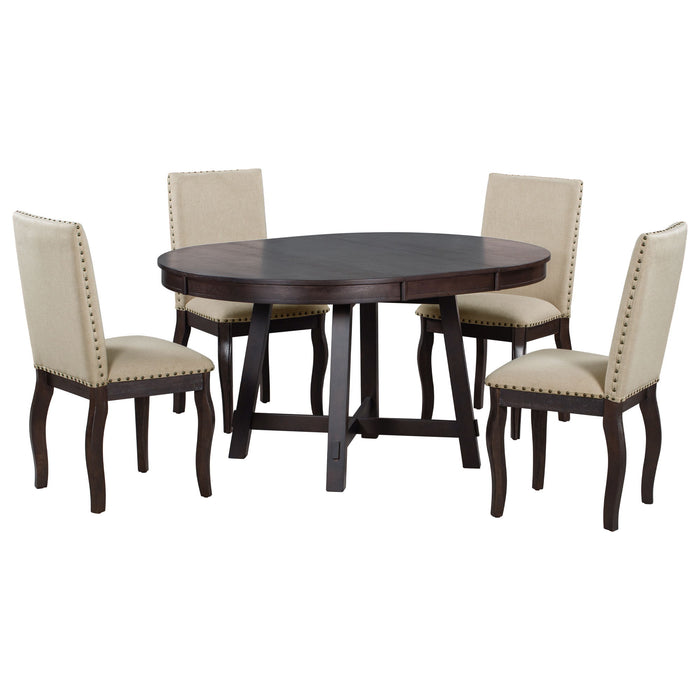 Farmhouse Dining Table Set Wood Round Extendable Dining Table And Upholstered Dining Chairs