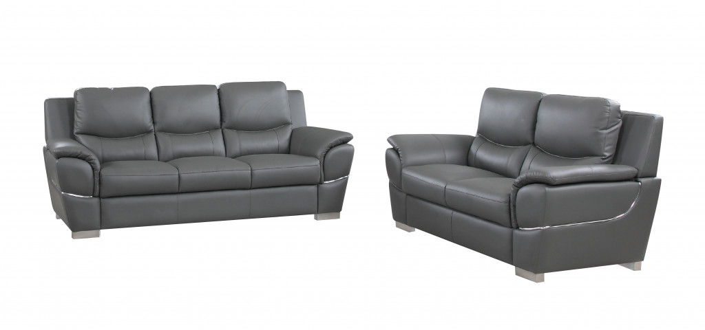 2 Piece Indoor Genuine Leather Five Person Seating Set - Gray