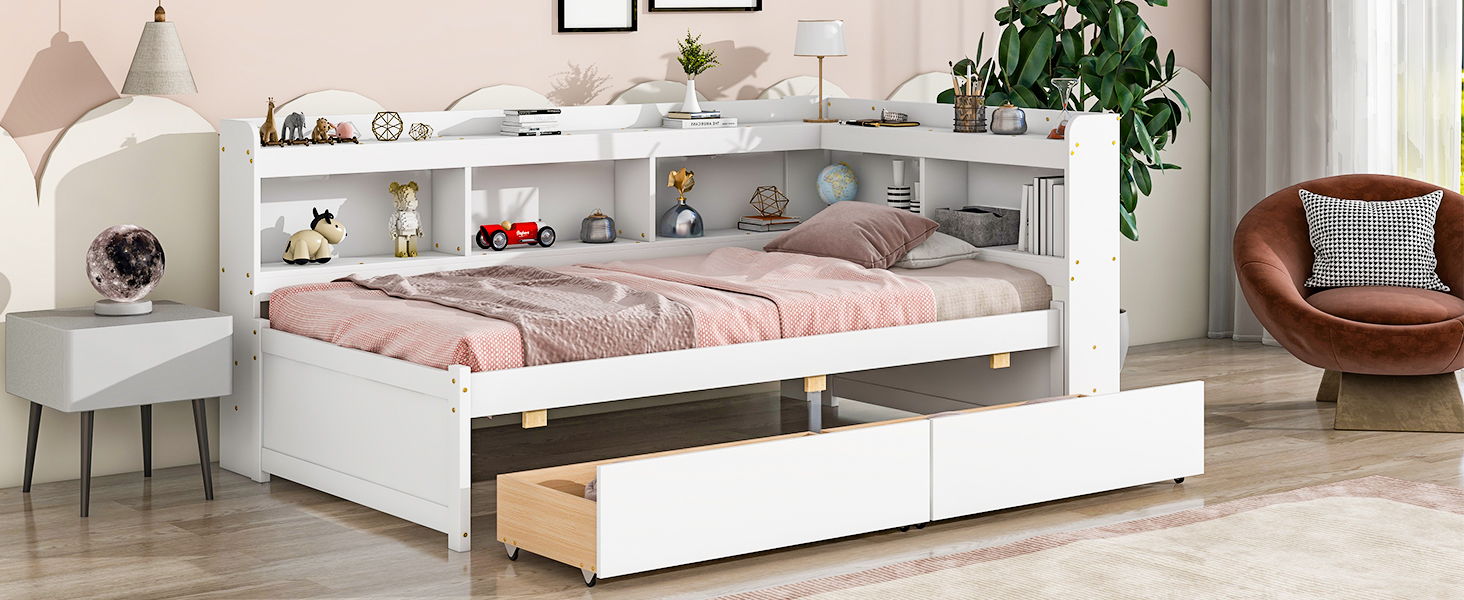 Twin Bed With L-Shaped Bookcases, Drawers - White