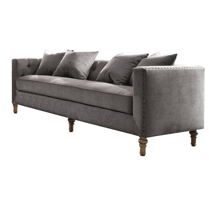 Velvet Sofa And Toss Pillows With Brown Legs - Gray