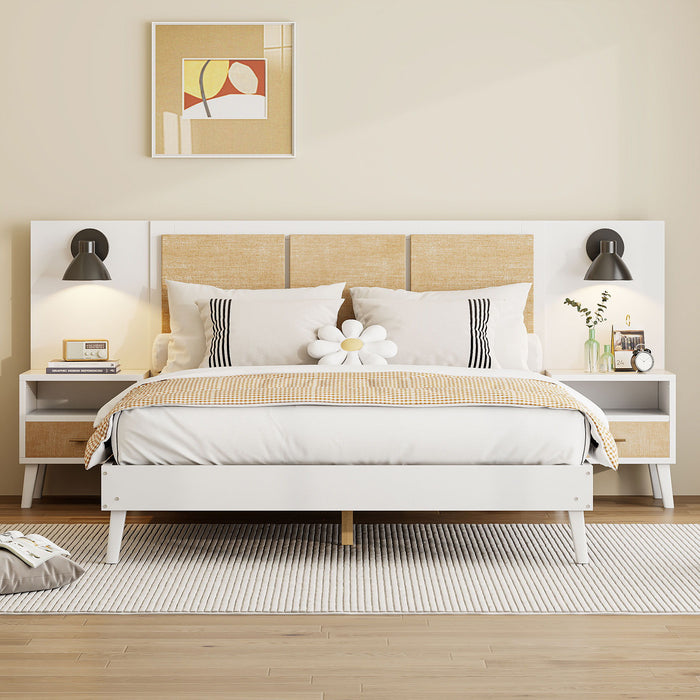 Solid Wood Bed Frame With 2 Nightstands, Elegant Design With Lamps, Rattan And Wood Combination