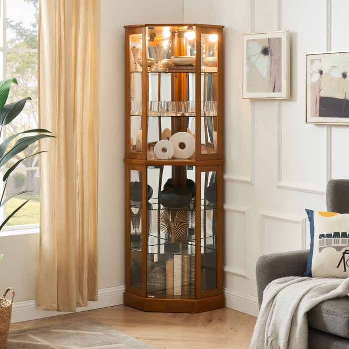 6 Shelf Corner Curio Display Cabinet With Lights, Mirrors And Adjustable Shelves (E26 Light Bulb Not Included)