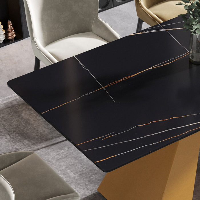 70.87" Modern Artificial Stone Straight Edge Golden Metal Leg Dining Table, Can Accommodate 6-8 People - Black / Gold