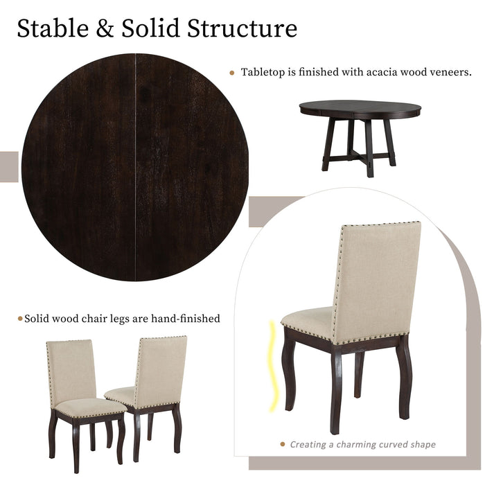 Farmhouse Dining Table Set Wood Round Extendable Dining Table And Upholstered Dining Chairs