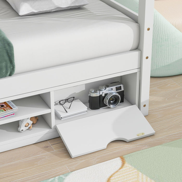 Twin House Bed With Roof Frame, Bedside-Shelves, Under Bed Storage Unit - White