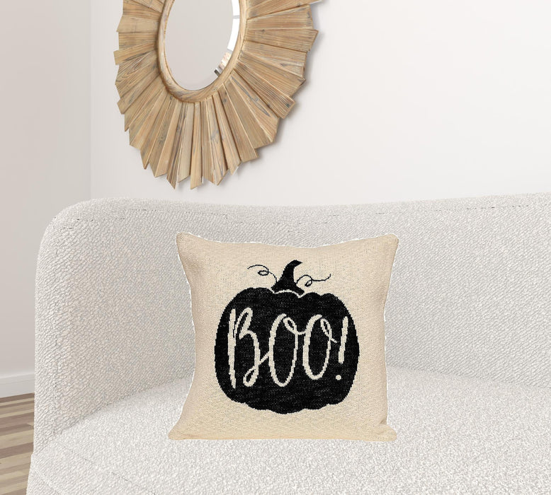 20"Lx20"D Pumpkin Boo Square Accent Throw Pillow - Cream And Black