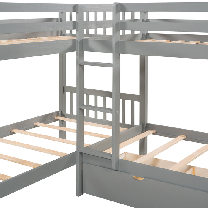 Twin L-Shaped Bunk Bed With Drawers - Gray