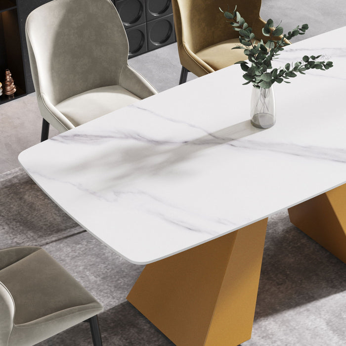 Modern Artificial Stone Curved Metal Leg Dining Table, Can Accommodate 6-8 People - White / Gold