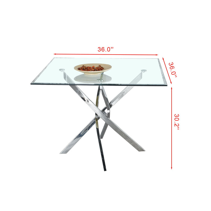 Contemporary Square Clear Dining Tempered Glass Table With Stainless Steel Legs