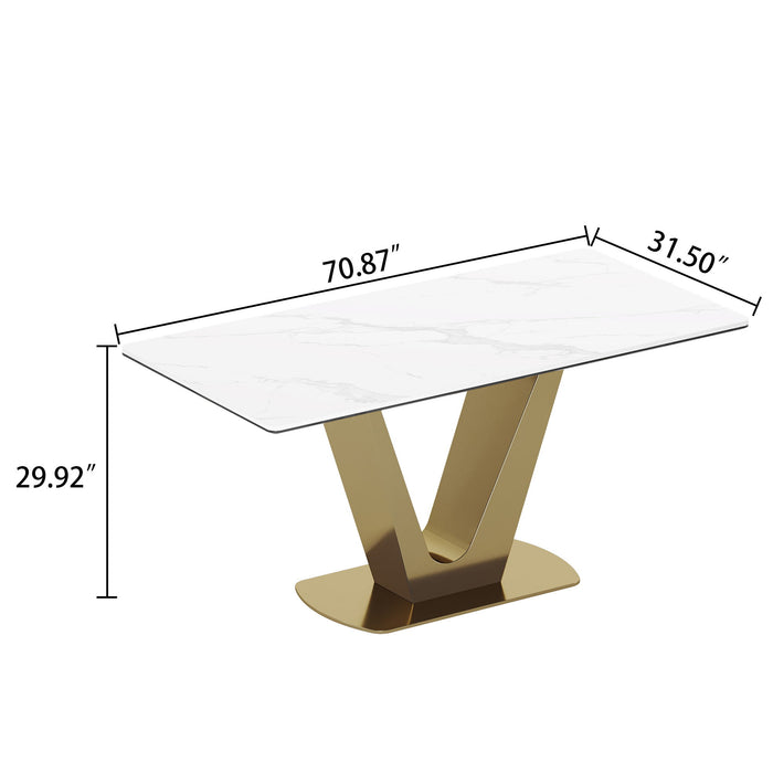 Sintered Stone Composite Tempered Glass Top Dining Table With V-Shape Stainless Steel Base - Gold