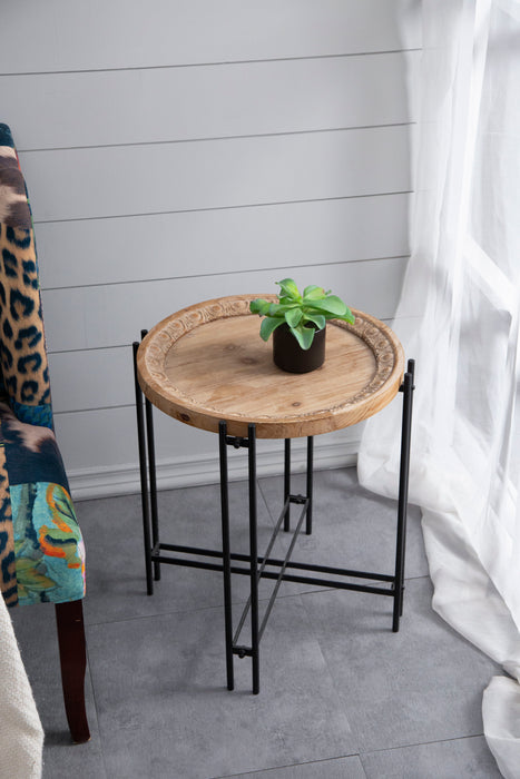 Round Side Table With Wood Top, End Table For Living Room Bedroom - Black Brown