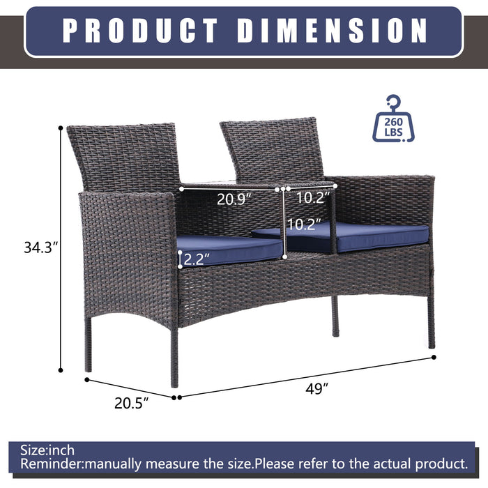 Outdoor Patio Loveseat Set, All Weather Conversation Furniture With Built In Coffee Table, Tempered Glass Top And Removable Cushions For Garden Lawn Backyard