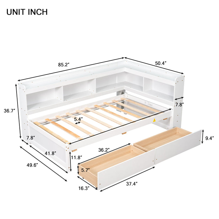 Twin Bed With L-Shaped Bookcases, Drawers - White