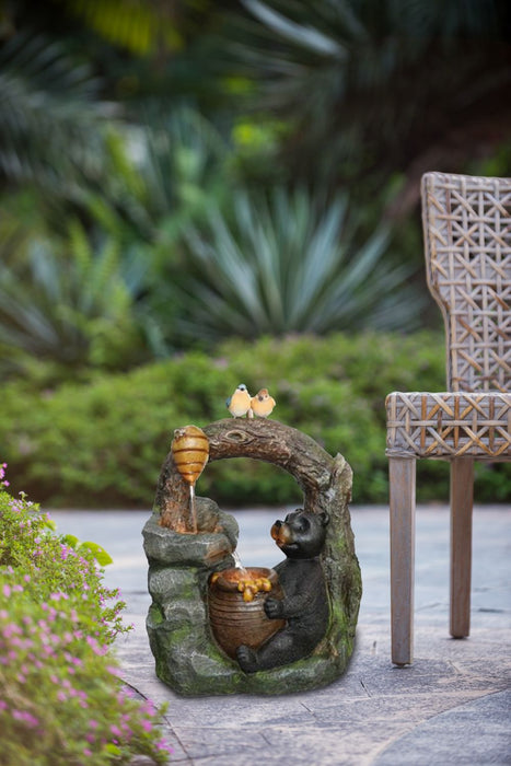 Decorative Two Tiered Water Fountain With Woodland Animal Design, Outdoor Fountain With Light And Pump - Dark Gray