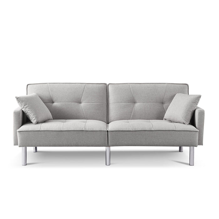 Polyester Blend Convertible Futon Sleeper Sofa And Toss Pillows With Silver Legs - Light Gray