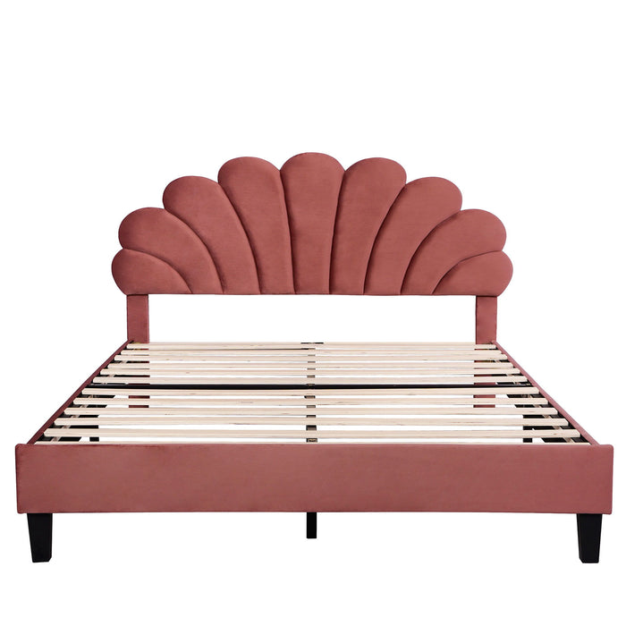 Upholstered Platform Bed With Flower Pattern Velvet Headboard