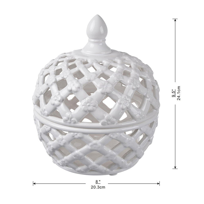 Ceramic Lidded Jar With Lattice Design - White