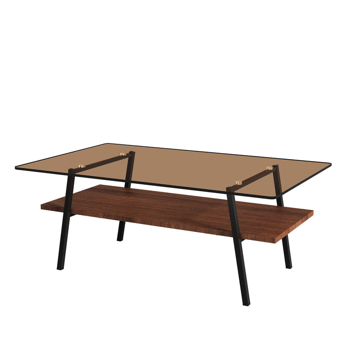 Rectangle Coffee Table, Tempered Glass Tabletop With Metal Legs, Modern Table For Living Room - Brown