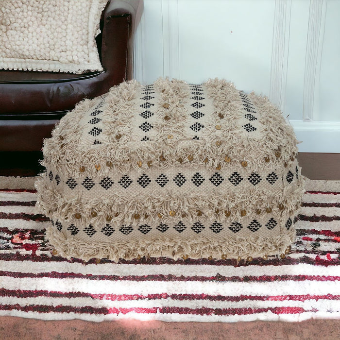 Cotton Blend Abstract Pouf Ottoman - Beige