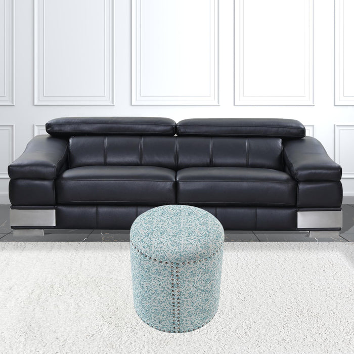 Linen Round Floral Ottoman - Blue